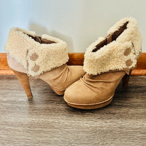 UGG “Georgette” Women Stiletto Platform Ankle Nubuck Fur Upper Boots Tan Size 9 - Picture 2 of 9